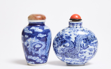 Two Blue and White Porcelain 'Dragon' Snuff Bottles, 19th Century