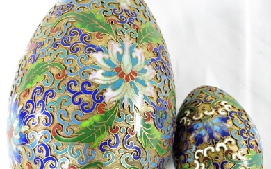 Two Cloisonne Egg Bronze Enamel Deep Carved Chinese Oriental China