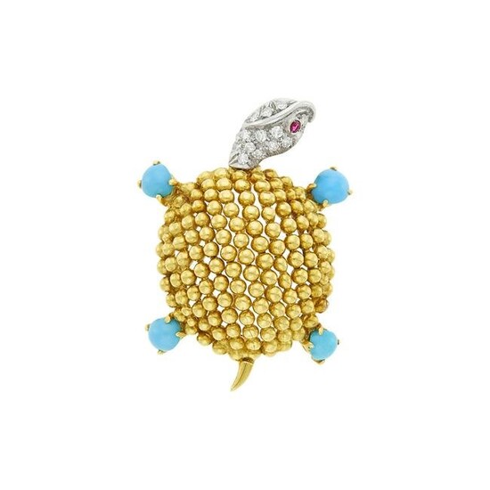 Two-Color Gold, Turquoise and Diamond Turtle Pin