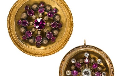 Two Early 20th Century glass and 14k gold brooches