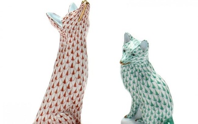 Two Herend Porcelain Fishnet Foxes