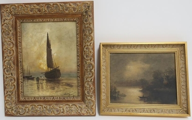 Two Paintings - Fishing Boat & Lake Landscape