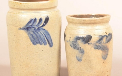 Two Stoneware Jars with Cobalt Foliate Slip Decoration.