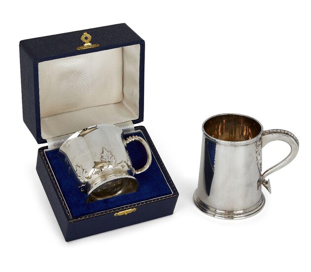 Two silver christening cups by Garrard & Co., the first designed as a small tankard with beaded decoration to handle, the underside with presentation engraving, Brittania silver, Sheffield, c.1973, in cardboard Garrard & Co. box, the second...