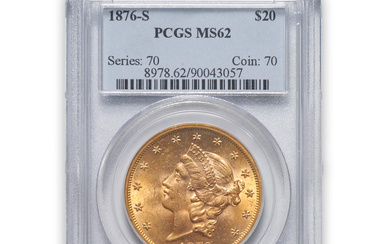 United States 1876-S Liberty Head $20 Double Eagle Gold Coin.