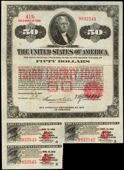 United States of America. Acts of September 24, 1917, amended April 4, 1918. $50. 4-1/4% Coupon Gold Bond of 1928-Third Liberty Loan. Ma...