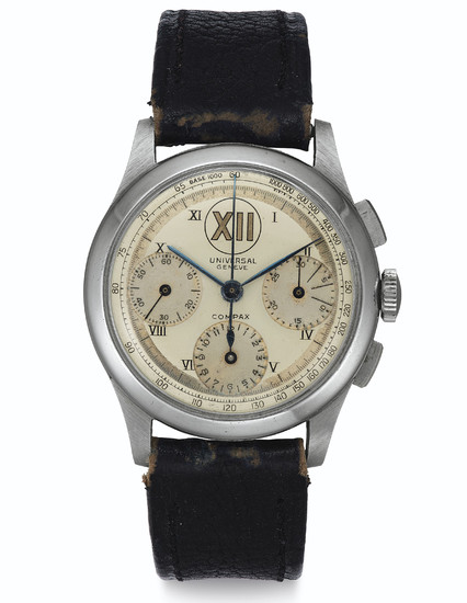 Universal. A Fine and Rare Stainless Steel Chronograph Wristwatch, SIGNED UNIVERSAL, GENÈVE, COMPAX, NO. 971'166, NO. 32412, MANUFACTURED IN 1943