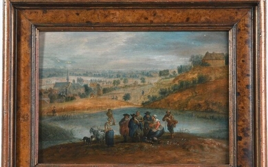 VAN OOSTEN Isaac. (1613-1661). (Atelier de). “Animation dans un paysage lacustre”. Huile sur panneau. H.23...
