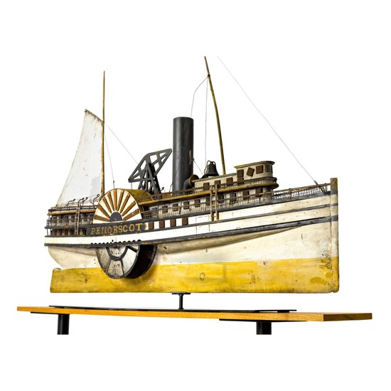 VERY FINE AND RARE CARVED AND POLYCHROME PAINT-DECORATED WOOD, TIN AND METAL SIDEWHEELER 'PENOBSCOT' WEATHERVANE, PROBABLY EXECUTED IN MAINE, CIRCA 1890