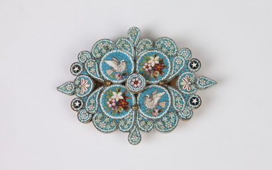 VINTAGE TURQUOISE MICRO-MOSAIC BELT BUCKLE WITH DELICATE FLORAL AND BIRD...