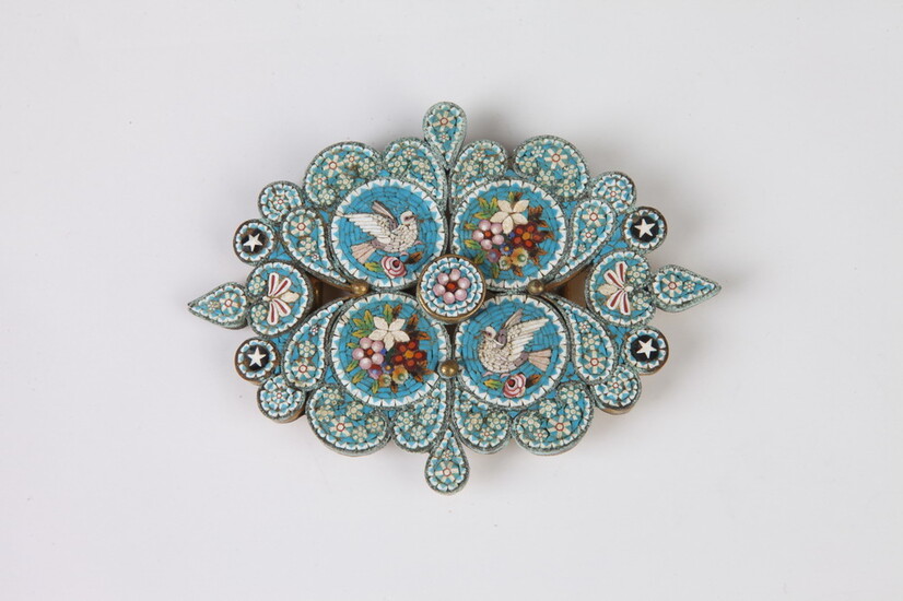 VINTAGE TURQUOISE MICRO-MOSAIC BELT BUCKLE WITH DELICATE FLORAL AND BIRD...