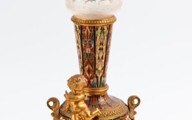 Vase piedouche, polychrome enamelled bronze, decorated with a love fleeing a snail. 19th century