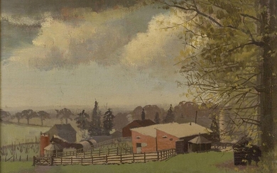 Vera Ross, British 1899-1973 - A Farm of Today; oil on panel, signed lower right 'Ross', 20.5 x 28.5 cm (ARR) Exhibited: Daily Express Woman's Exhibition, London, 12 April - 5 May 1923 (according to the label attached to the reserve of the frame)...