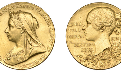 Victoria, Diamond Jubilee, 1897, a small gold medal by G.W. de Saulles,...