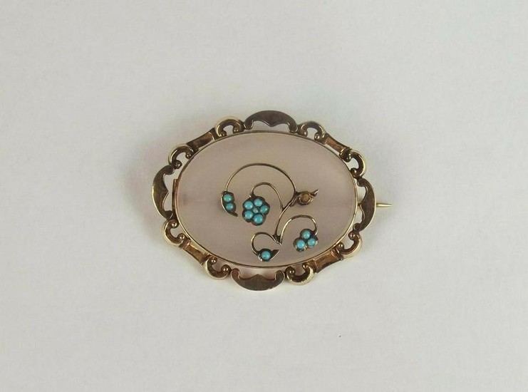 Victorian 9ct Yellow Gold Moonstone & Turquoise Brooch