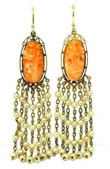Victorian Yellow Gold Coral Cameo Pearl Tassel Earrings
