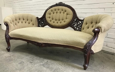 Victorian carved Walnut Settee, with central buttoned cameo in cream fabric with pierced supports & raised on cabriole legs (H:92 W:...