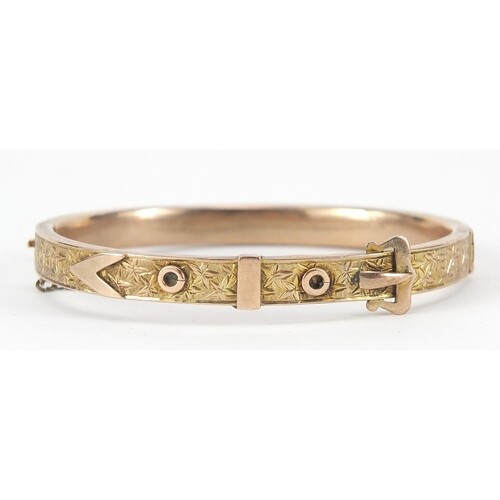Victorian unmarked gold belt buckle design hinged bangle, 6....