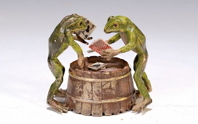 Vienna Bronze, 2.H.20th c., frogs playing cards, colorful...