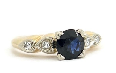 Vintage 1940's 1950's Round Blue Sapphire Diamond Ring 14K Yellow Gold, 3.20 Gr