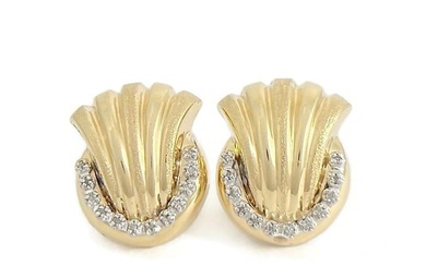 Vintage 1940's Retro Ribbed Fan Diamond Drop Earrings 14K Yellow Gold, 6.51 Gram