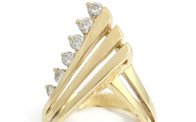 Vintage 1970's Diamond Chevron Geometric Long Ring 14K Yellow Gold, 6.40 Grams