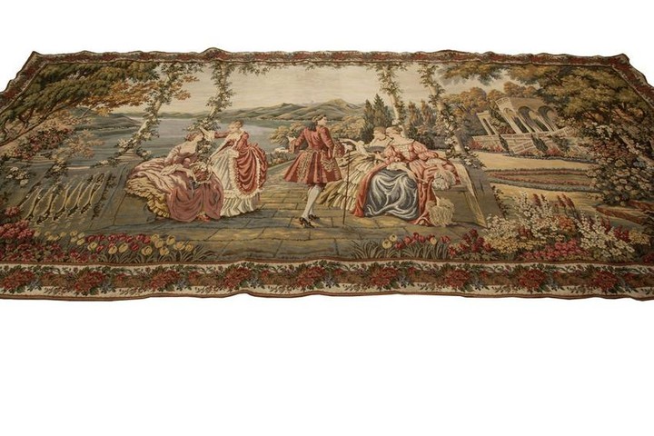 Vintage French Aubusson Tapestry Scenery Beige 5'x11'