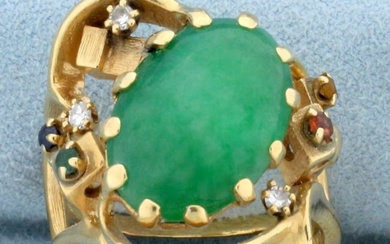 Vintage Jade, Ruby, Sapphire, Emerald, and Diamond Statement Ring in 14K Yellow Gold