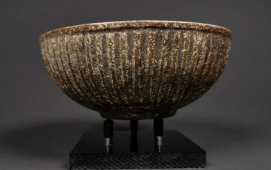 WESTERN ASIATIC STONE RIBBED BOWL ON STAND