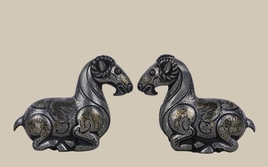 Warring States and Han Dynasty Bronze Inlaid Gold and Silver Lying Sheep Paperweights