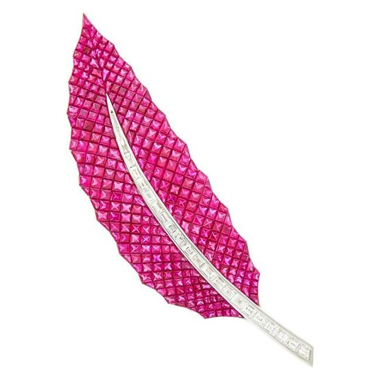 White Gold, Invisibly-Set Ruby and Diamond Feather