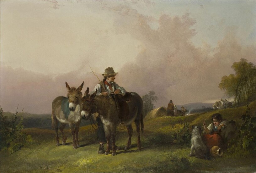 William Shayer Snr, British 1787-1879- Gypsy encampment with donkeys; oil on canvas, signed 'Wm Shayer Snr' (lower left), 40.5 x 60.5 cm. Provenance: With The Cooling Galleries, London.; Private Collection. Note: The present work typifies the...