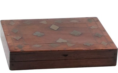 Wooden Box for Deck of Playing Cards with Inlaid Cover in Brass Diamonds, Spades, Hearts , Clubs
