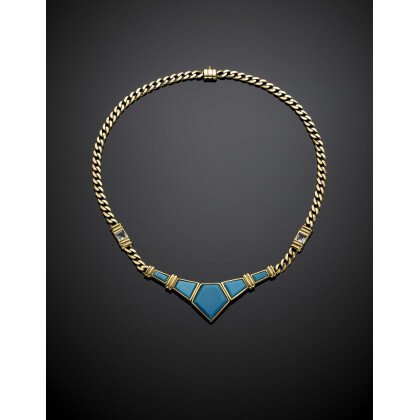 Yellow gold groumette chain necklace with reconstructed turquoise central and aquamarine spacers, g 37.90 circa, length cm 39.50 circa.Read more