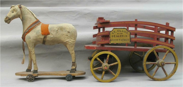 c1890s 'St. Claus Dealer In Good Things' Horse and Wagon cart By American Toy Co. FR3SH