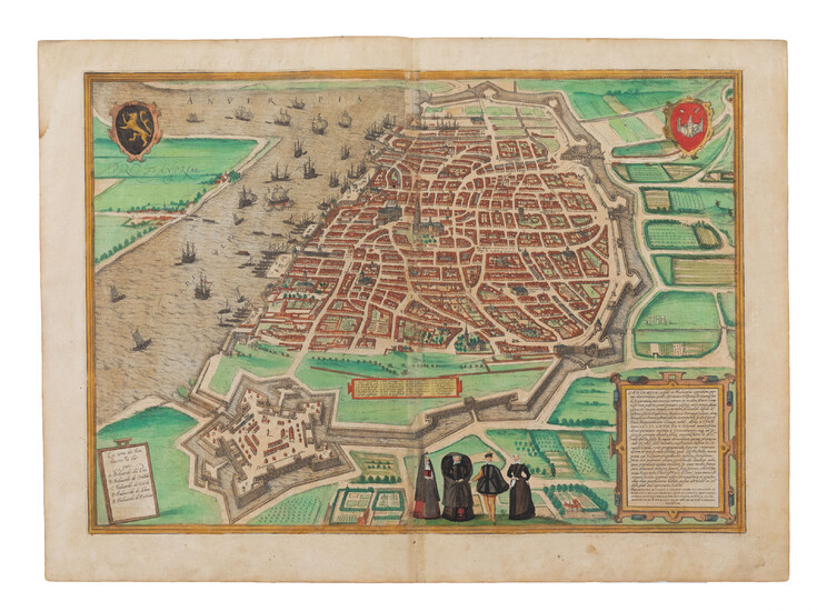 (plattegrond) Een laat 16de-eeuws gegraveerd en ingekleurd gezicht in vogelperspectief op de stad Antwerpen vanaf het