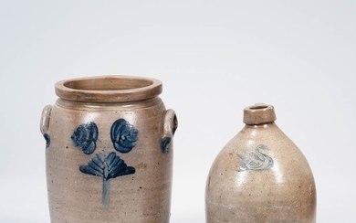 Two Cobalt-decorated Stoneware Vessels, America, 19th century, a jug with impressed and cobalt-decorated swan, and a jar with cobalt fl