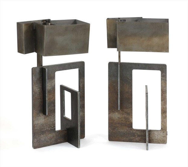 A pair of angular steel table lamps