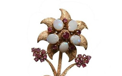 14K Gold Brooch with Ruby and Opal Inset