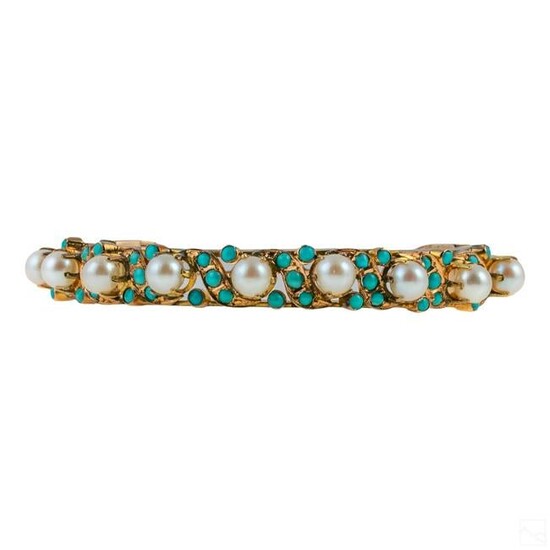 14K Gold Pearl & Turquoise Hinged Bangle Bracelet