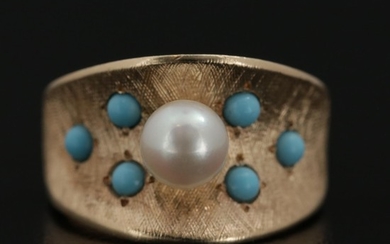 14K Yellow Gold Pearl and Glass Ring with Florentine Finish