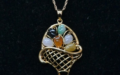 14kt GOLD MULTI STONE BASKET PENDANT WITH CHAIN