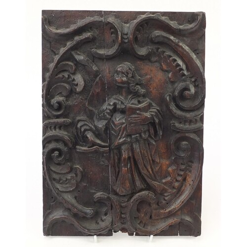17th century oak panel carved with a saint, Suffolk House An...