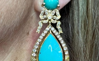 18K Yellow Gold Persian Turquoise & Diamond Earrings w/ 14K backs