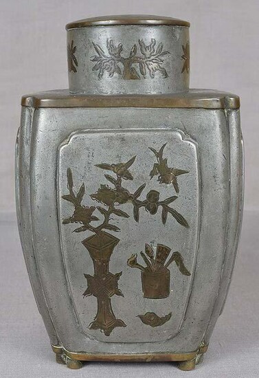 18c Chinese pewter TEA CADDY inlaid scholar objects