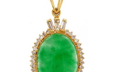 18ct Chinese gold green jade cabochon and diamond pendant, e...