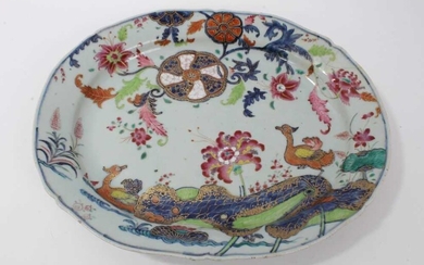 18th century Chinese tobacco leaf porcelain platter, finely decorated in famille rose enamels and underglaze blue, 40.5cm across