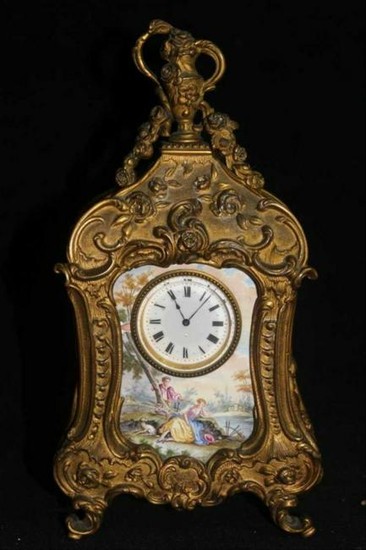 19C French Rococo Dore Bronze & Enamel Shelf Clock