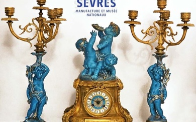 19th C. French Sevres Porcelain Cherub Angels Candelabra Bronze Mounted Clockset