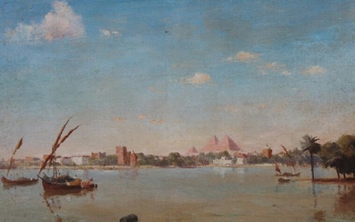 19th C. Orientalist Painting with Pyramids